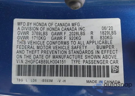 2020 Honda Civic Sport из США, поврежденный, VIN 2HGFC4B89LH304151